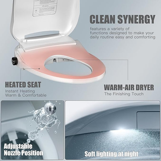 Electric Bidet Toilet Seat Heated Elongated, Smart Bidet Toilet Seat Instant Warm Water & Dryer,Adjustable Water Pressure,Self-Clean Nozzle,Night Light,Slow Close,For Men Women & Child