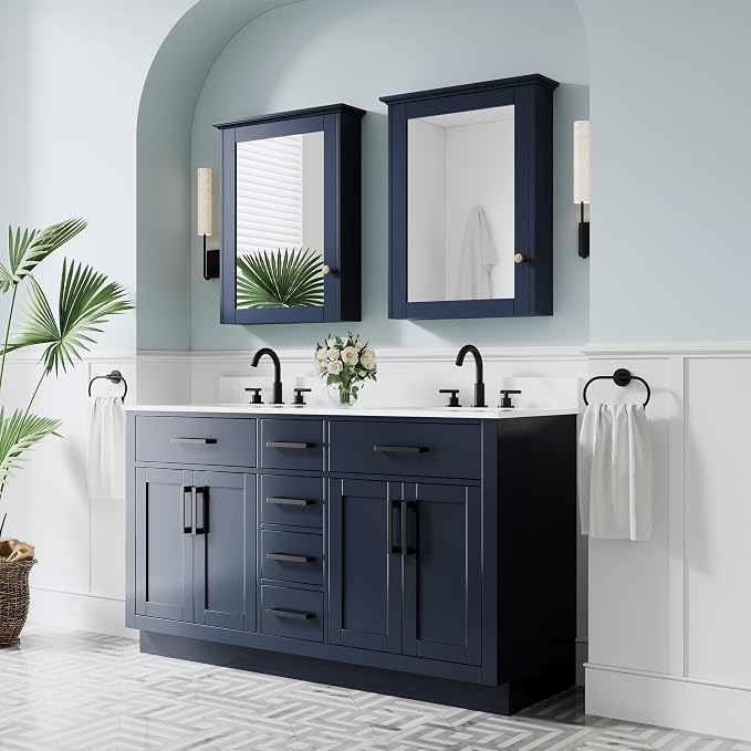 60-Inch Bathroom Vanity with Double Sinks W/ 4 Doors & 4 Drawers & 2 Flip Drawers, Navy Blue Vanity W/Matte Black Handles