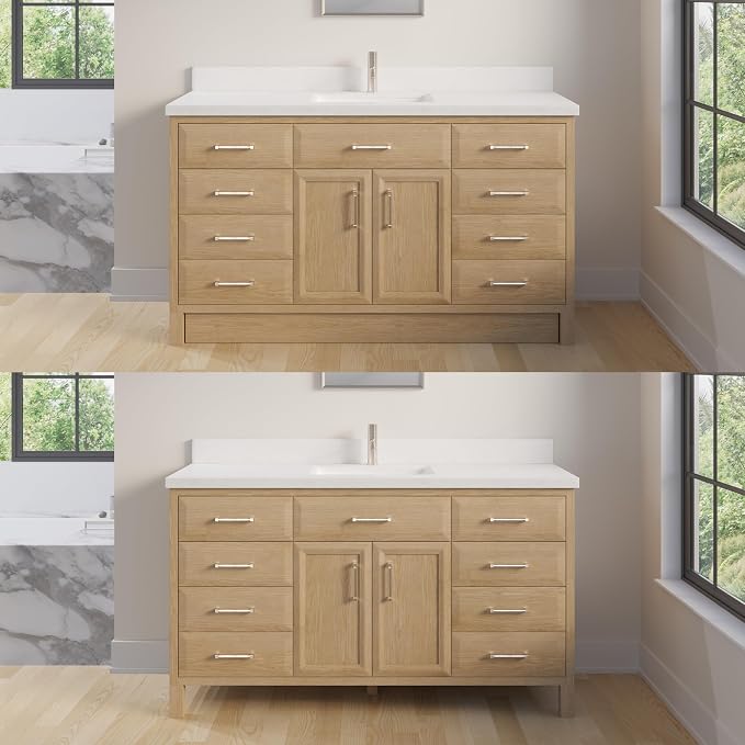 Capri III 60" Single Sink Bathroom Vanity With Stealth Organizer, Solid Wood Bathroom Cabinet with Engineered Stone Countertop & Backspalsh, Soft Closing Door & Drawer, Pre-Assembled, Weathered Oak