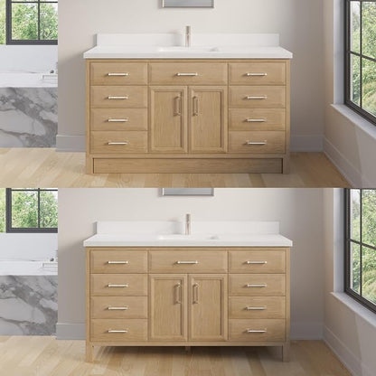 Capri III 60" Single Sink Bathroom Vanity With Stealth Organizer, Solid Wood Bathroom Cabinet with Engineered Stone Countertop & Backspalsh, Soft Closing Door & Drawer, Pre-Assembled, Weathered Oak