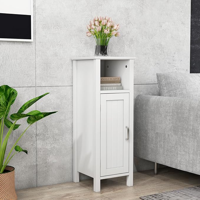 Giantex Narrow Bathroom Storage Cabinet with Adjustable Shelf (White) | Corner Unit with Open Compartment, Anti-toppling Device, Freestanding Small Storage Organizer for Living Room