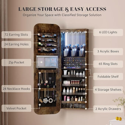 Vlsrka 47.2" Wall/Door Mounted Jewelry Cabinet Organizer Armoire W/Mirror | 6 LEDs, Over The Door Hanging Jewelry Organizer with Rounded Corner Mirror, Lockable Full Length Mirror with Storage, Brown