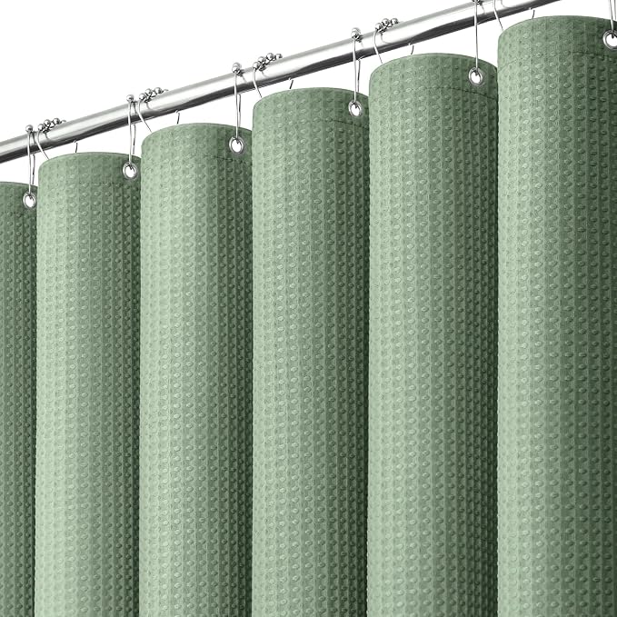 Extra Wide Waffle Shower Curtain 256 GSM Fabric 180x72 Sage Green | 180 Inch Wide, Thick Cloth, Weighted Hem, Water Repellent, Hotel Luxury Polyester Shower Curtain Set for Bathroom 32 Hooks