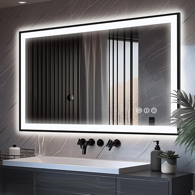 EchosLife 48x30 LED Bathroom Mirror - Black Aluminum Framed | Black Frame, Front and Backlit, Anti-Fog, Stepless Dimmable, 3 Colors, Memory, Tempered Glass, UL Listed, Horizontal/Vertical