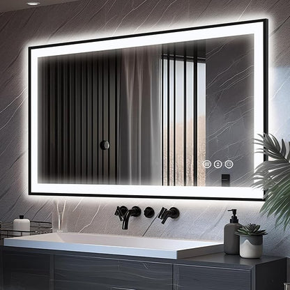 EchosLife 48x30 LED Bathroom Mirror - Black Aluminum Framed | Black Frame, Front and Backlit, Anti-Fog, Stepless Dimmable, 3 Colors, Memory, Tempered Glass, UL Listed, Horizontal/Vertical