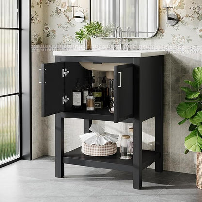 Tribesigns 48" Bathroom Vanity with Sink, Modern Freestanding Vanity with Ceramic Porcelain Basin, 2-Door Storage Cabinet & Open Shelf for Small Bathroom, Industrial, Black