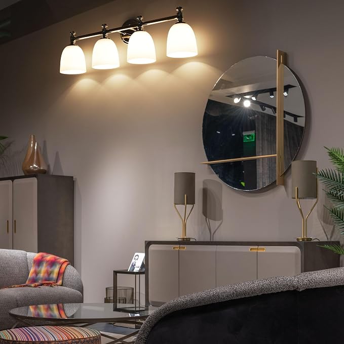 Bathroom Vanity Light, 4-Light Bathroom Light Fixtures Over Mirror, Traditional Vanity Lights for Living Room, Milk White Bell Glass Shades, Standard E26 Base, Polished Nickel