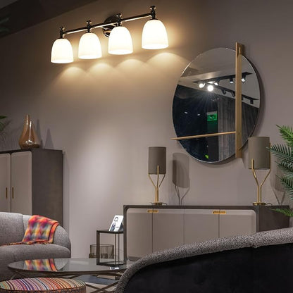 Bathroom Vanity Light, 4-Light Bathroom Light Fixtures Over Mirror, Traditional Vanity Lights for Living Room, Milk White Bell Glass Shades, Standard E26 Base, Polished Nickel
