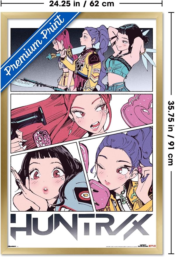 Trends International Netflix KPop Demon Hunters (2025) - Huntrix Manga Panels Wall Poster, 34L x 22.4W, Gold Framed Version
