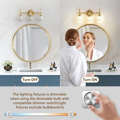 Gold Vanity Light, 3 Light Bathroom Light Fixtures, Modern Bathroom Vanity Lights Fixtures Over Mirror with Clear Globe Glass Shade, Gold Wall Sconces for Bathroom Hallway, E26 Base | Wall Sconce,Painted,Globe Glass Shade,E26 Base,UL Certified,Anti-Rus...