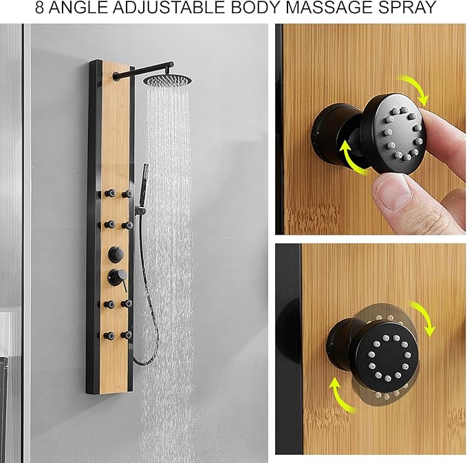 Rainfall Shower Panel Shower Tower System Bamboo Wood and Stainless Steel with 8 Body Jets Massage and Adjustable Round Shower Head Handheld Wand Shower Column Wall Mount