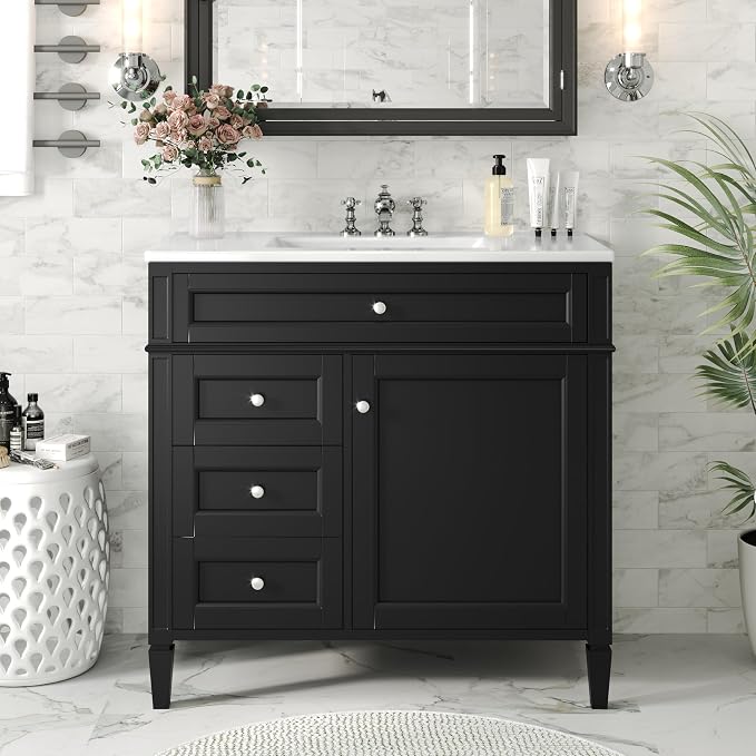 Merax 36 Inch Bathroom Vanity with Top Sink, Modern Bathroom Storage Cabinet with 2 Drawers and a Tip-Out Drawer, Solid Wood Frame Single Sink Bath Vanities, Black