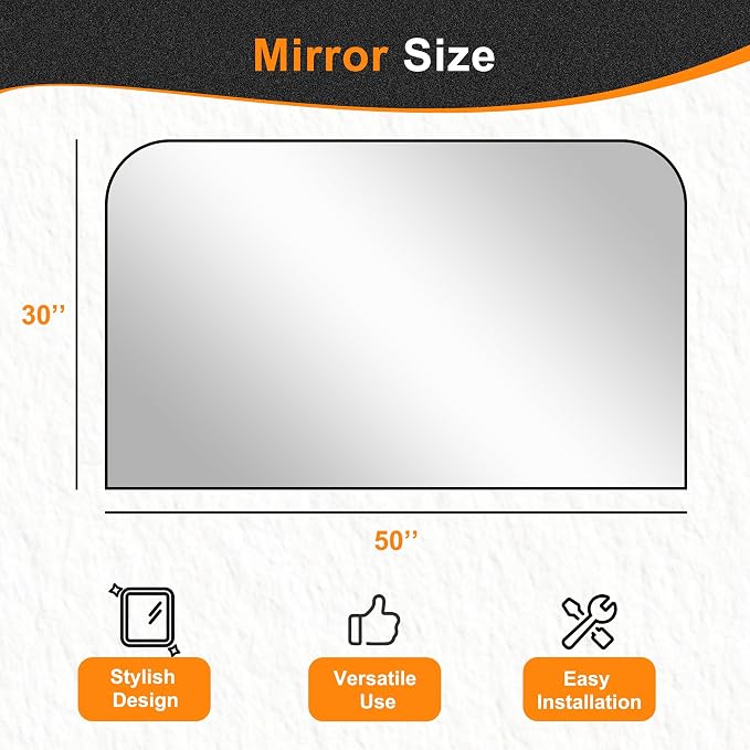 30"x50" Black Metal Framed Bathroom Mirror for Over Sink | Rounded rectangle shape. Shatterproof HD glass, all mounting hardware for bathroom, bedroom, entryway.