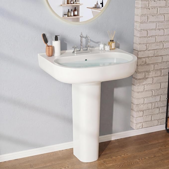 22" x 17" Pedestal Sink – White Ceramic Rectangular Bathroom Vanity with Overflow, Bathroom Pedestal Sink with 3 Pre-Drilled Holes for 4 in Faucets