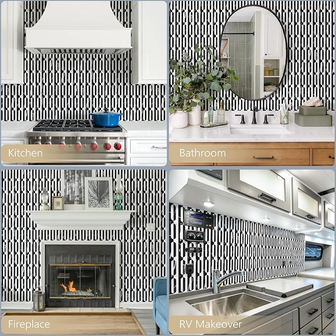 STICKGOO Peel and Stick Backsplash Tiles 12"x12", Waterproof Stick on Kitchen & Bathroom Backsplash, PVC Self Adhesive Wall Tiles for Fireplace, White/Marble Black (10 Sheets)