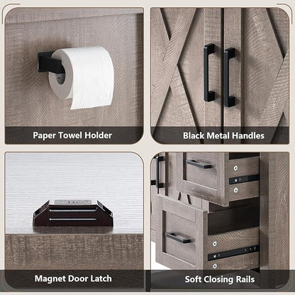 AMERLIFE 36" Farmhouse Bathroom Vanity with Sink Combo, Wood Barn Door Freestanding Small Single Bath Storage Cabinet Set with Sliding Drawers & Open Shelf, Paper Towel Holder, Light Gray