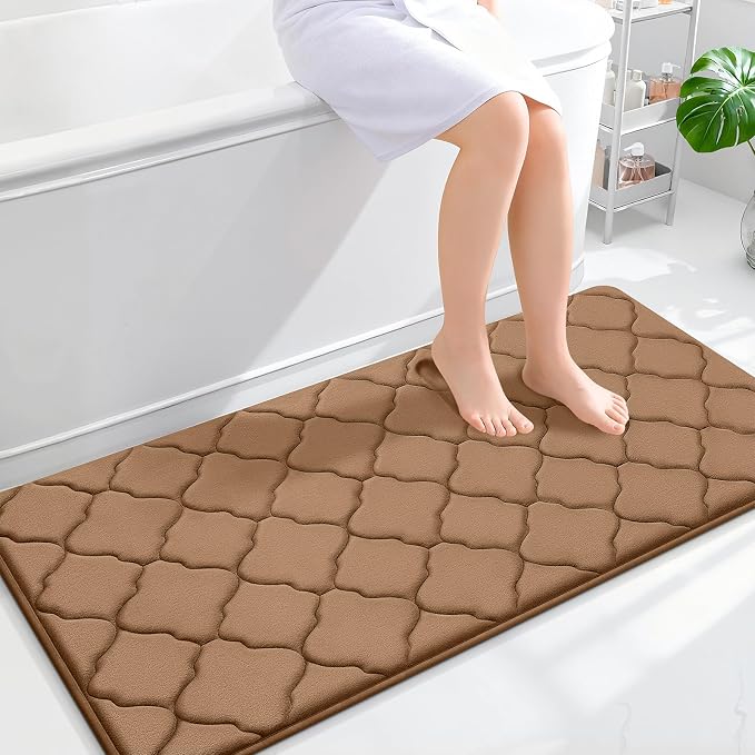 OLANLY Memory Foam Bath Mat Rug 47x24, Ultra Soft and Absorbent Bathroom Rugs, Non-Slip, Comfortable, Machine Washable Bath Carpet for Bathroom Floor, Tub Shower and Home Decor Accessories, Dark Beige