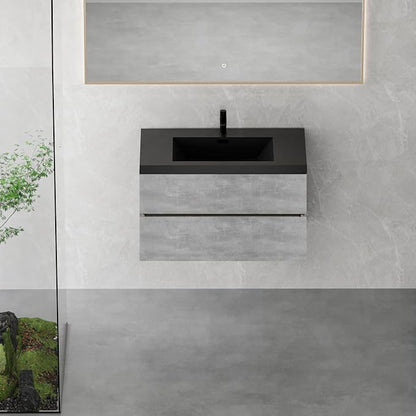 36" Floating Bathroom Vanity with Sink, Modern Wall-Mounted Bathroom Storage Vanity Cabinet with Two Black Quartz Sand Top Basins and Four Soft Close Drawers, Cement Grey