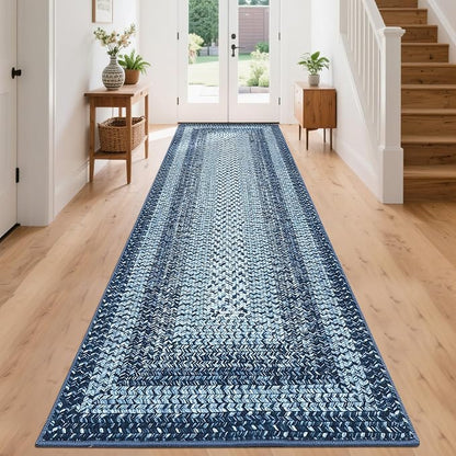 Washable Runner Rug 2x8 Bathroom Rugs Blue Modern Printed Braided Bedroom Rug Non Slip Geometric Area Rug Kitchen Rugs Stain Resistant Carpet for Laundry Room 2'x8' Blue