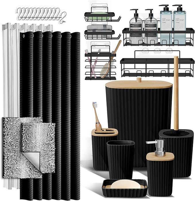 Clara Clark Bathroom Accessories Set - 27PC Bathroom Set with Adhesive Corner Shower Caddy Hanging, Bathroom Sets with Shower Curtain and Rugs, Ombre Black Shower Curtain Set with Bathroom Trash Can | 27 Piece Ombre Black Bathroom Sets with Shower Curt...