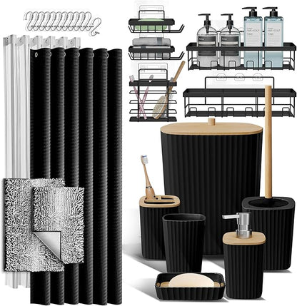 Clara Clark Bathroom Accessories Set - 27PC Bathroom Set with Adhesive Corner Shower Caddy Hanging, Bathroom Sets with Shower Curtain and Rugs, Ombre Black Shower Curtain Set with Bathroom Trash Can | 27 Piece Ombre Black Bathroom Sets with Shower Curt...