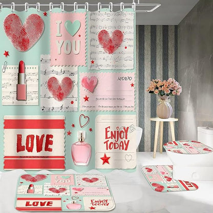 DDQQ 4Pcs Valentine's Day Shower Curtain Set Love Letter Post Office Bathroom Sets Modern Shower Curtain Set for Bathroom Sets with Rugs Red Love Shower Curtain with 12 Hooks