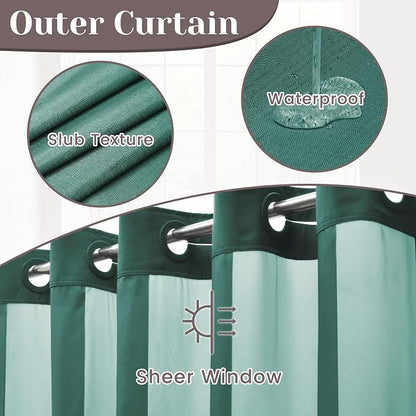 SORTTO No Hook Slub Shower Curtain with Liner, 71x74, Peacock Blue | Snap in Liner, 3 in 1, Bamboo Texture, Hotel Style, Waterproof Fabric, Mesh Top Window, Corner Magnets, Machine Washable