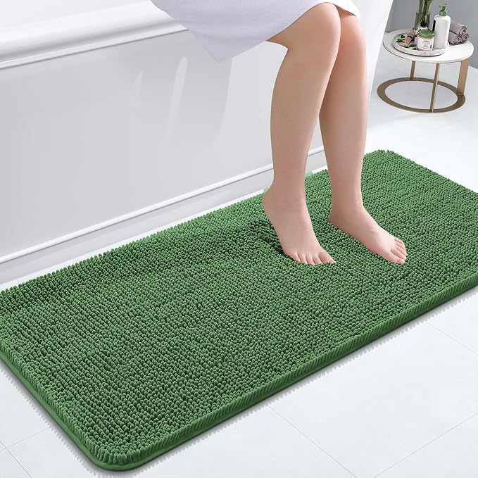 OLANLY Bathroom Runner Rugs 47x20, Extra Soft Absorbent Chenille Bath Rugs | Olive Green, Quick-Drying Rubber Backing, Washable Long Bath Mat for Bathroom Floor, Tub and Shower, Home Decor Accessories