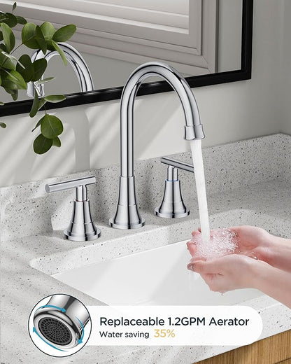 FORIOUS Chrome Bathroom Faucet Vanity 3 Holes, 8 Inch Widespread Polished Chrome Faucet for Bathroom Sink 3 Piece with Pop-up Drain and 360 Degree Swivel Spout, Silver Rv Lavatory Tap
