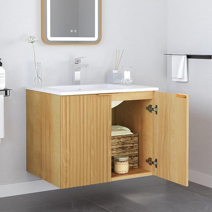 Modern Bathroom Vanity Without Sink, Floating Wall Mount Cabinet with Wavy Textured Doors, Waterproof Storage for Small Bathroom, Soft-Close Design, Nature Wood (Nature Without Sink, 24")
