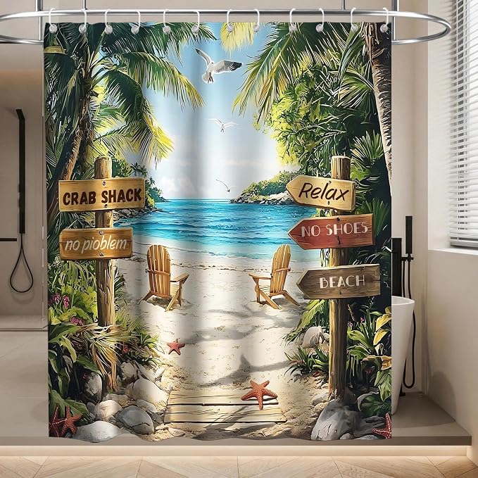 Beach Rustic Luxury Shower Curtain Ocean Palm Tree Summer Inspirational | Nature Shower Curtains for Bathroom, Waterproof Bath Curtain with Hooks Machine Washable Bathtub Curtains 72x78 Inch Green