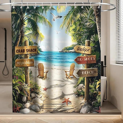 Beach Rustic Luxury Shower Curtain Ocean Palm Tree Summer Inspirational | Nature Shower Curtains for Bathroom, Waterproof Bath Curtain with Hooks Machine Washable Bathtub Curtains 72x78 Inch Green