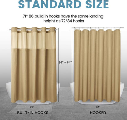 EUTXL Heavyweight Beige Long No Hook Shower Curtain with Snap in Liner,256GSM Waffle Weave Shower Curtains for Bathroom,71W x 86H