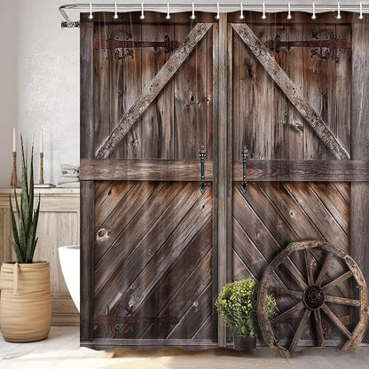 Rustic Barn Door Shower Curtains, Western Vintage Farmhouse Wood Board Retro Decor Curtain Sets for Bathroom Decor, Brown Wooden Countryside Bath Curtain with Hooks 70X70IN