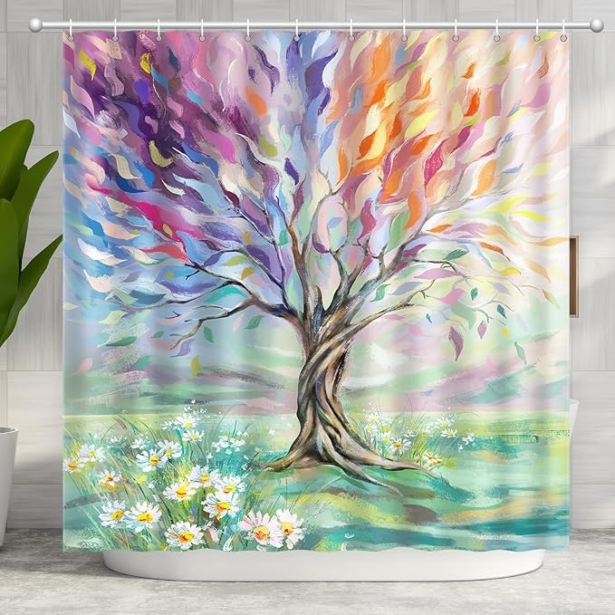 Oil Painting Tree Shower Curtain, Colored Seasons Tree Shower Curtain for Bathroom with 12 Hooks Polyester Fabric Washable Shower Curtain Set Home Office Farmhouse Decor Bath Curtain | 72x72 inch Shower Curtains for Bathroom Polyester Fabric Waterproof...