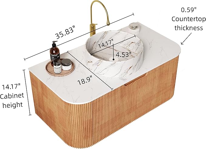 36'' Floating Vanity with Sink Combo, Modern Wall-Mounted Curved Edges Striped Bathroom Storage Cabinet with Soft-Close Drawer and White Stone Pattern Basin, Natural Walnut