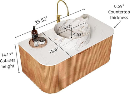 36'' Bathroom Vanities Cabinet with Sink Combo, Wall Mounted Floating Cabinet W/Curved Edges Stripes, Oak Plywood, Soft-close System with a Drawer, White Round Ceramic Basin - Kiel, Natural Wood/S