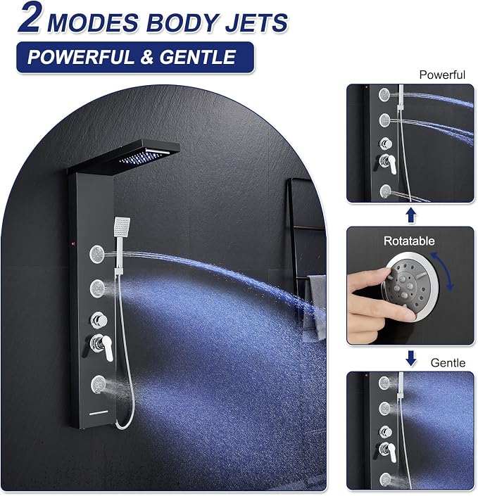 ROVATE 6 in 1 LED Rainfall Waterfall Shower Panel Tower System, Black | Stainless Steel Shower Column with Tub Spout, Rainfall Waterfall Shower Head, 2-Setting Massage Body Jets, Flexible Handheld