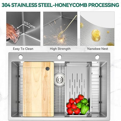 YITAHOME Drop In Kitchen Sink Workstation 33in | 304 Stainless Steel Single Bowl Top Mount Sink w/Ledge & Accessories, Honeycomb Surface Design, 33 x 22 x 10 in, Silver