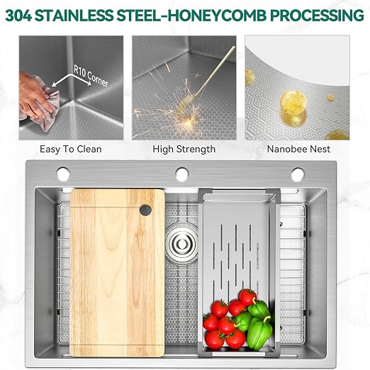 YITAHOME 33x22inch Drop In Kitchen Sink Workstation, 304 Stainless Steel Single Bowl Top Mount Sink w/Ledge & Accessories, Honeycomb Surface Design Scratches Resistant