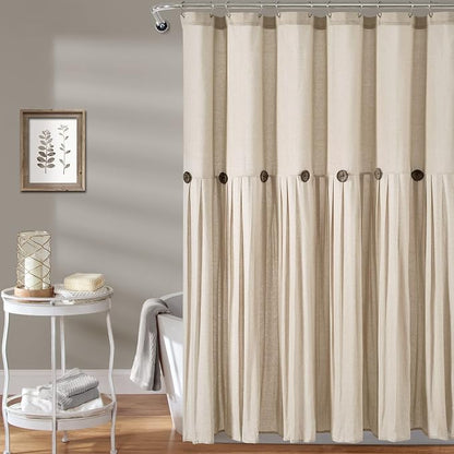 Lush Decor Linen Button Shower Curtain, 72" W x 72" L, Dark Linen - Beige Shower Curtain Fabric - Rustic Bathroom Curtain - Farmhouse Bathroom Decor
