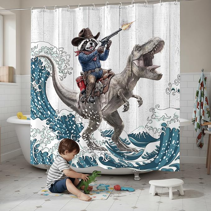 Accnicc Funny Raccoon Dinosaur Shower Curtain for Bathroom 72 X 72 Inch | Fun Cool Animal Dino Shower Curtains, Japanese Ocean Wave Kids Bath Curtain Decor, Water-Resistant Washable Polyester Fabric