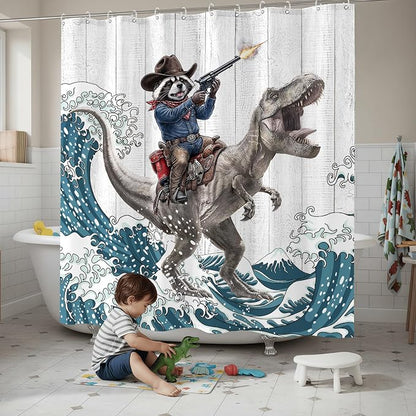 Accnicc Funny Raccoon Dinosaur Shower Curtain for Bathroom 72 X 72 Inch | Fun Cool Animal Dino Shower Curtains, Japanese Ocean Wave Kids Bath Curtain Decor, Water-Resistant Washable Polyester Fabric