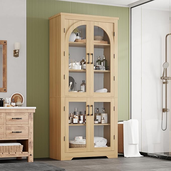 Garvee 70" Tall Kitchen Pantry Cabinet - Modern Display Cabinet with 4 Arched Glass Doors and Adjustable Shelves, Versatile Cupboard Organizers for Kitchen, Dining Room, Living Room, Bathroom, Natural