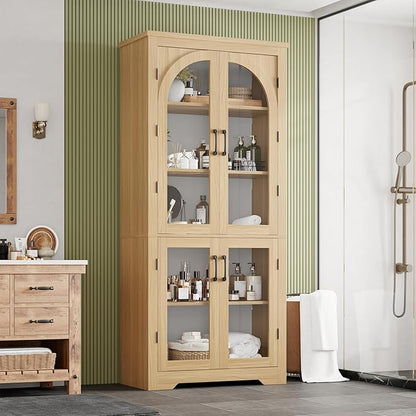 Garvee 70" Tall Kitchen Pantry Cabinet - Modern Display Cabinet with 4 Arched Glass Doors and Adjustable Shelves, Versatile Cupboard Organizers for Kitchen, Dining Room, Living Room, Bathroom, Natural