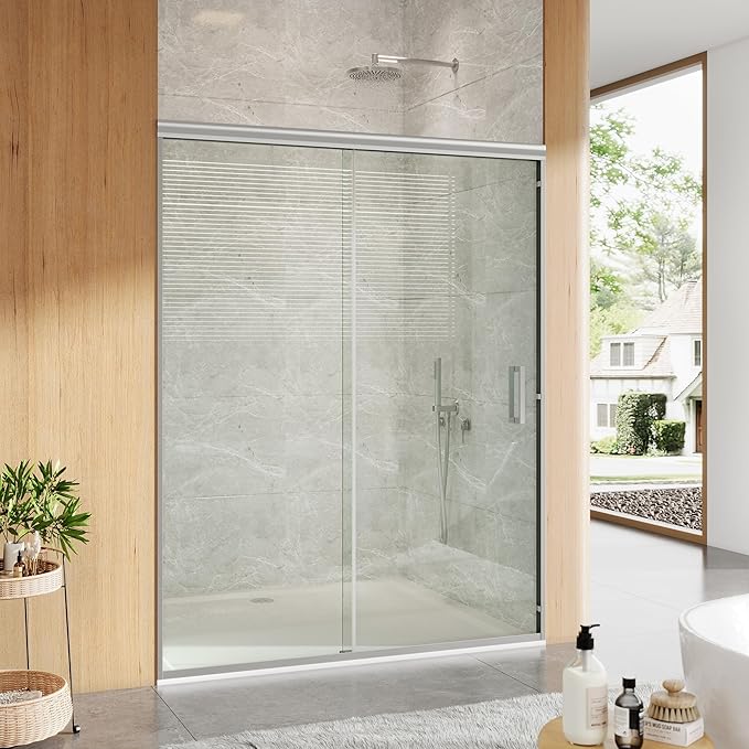 Framed Shower Door 44-48 Inch w×74 Inch h – Glass Shower Door, Stainless Steel Square Rail, Double Sliding Shower Glass Door, 6Mm Tempered Glass, Brushed Silver
