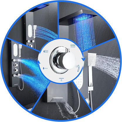 MENATT LED Shower Panel Tower System Stainless Steel,5 in 1 Shower Panels with 4 pcs Body Massage Jets,Body Waterfall Spray,Handheld Shower and Tub Spout,Black