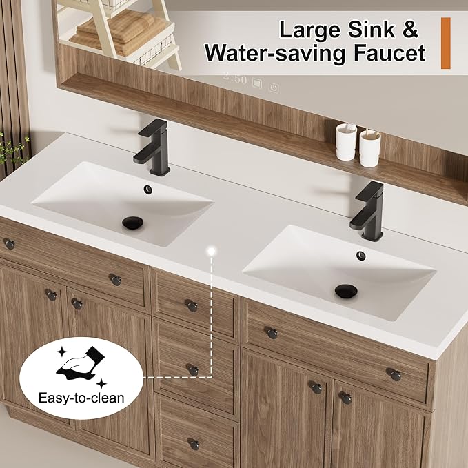 LUCKWIND 60" Bathroom Vanity Sink Combo, Modern Bathroom Cabinet with Double Undermount Solid Surface Vanity Sink, Soft-Close Hinges & Water-Saving Faucet, Taupe