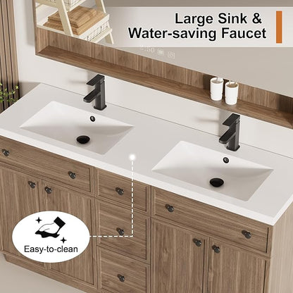LUCKWIND 60" Bathroom Vanity Sink Combo, Modern Bathroom Cabinet with Double Undermount Solid Surface Vanity Sink, Soft-Close Hinges & Water-Saving Faucet, Taupe