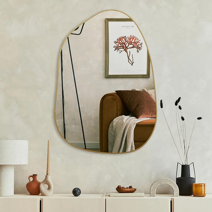 PERFNIQUE Irregular Asymmetrical Wall Mirror, 27''x19'' Gold Bathroom Mirror